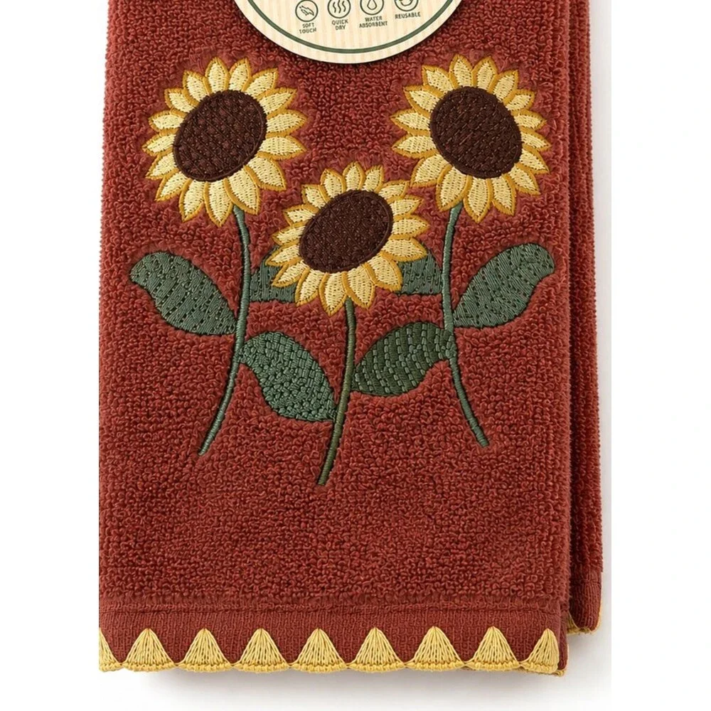 Thanksgiving Sunflower Fingertip Towels Set of 2 Rust Embroidered Fall Harvest